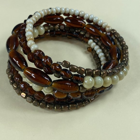 Beaded Multilayer Memory Wire Bracelet Multicolor Neutral Fall Earth Tones - Picture 5 of 15